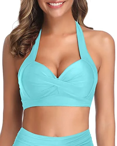 Metallic - finish bikini for a glamorous and eye - catching poolside lookExtra Tie Back Halter Retro Bikini Top For Women-Mint Green