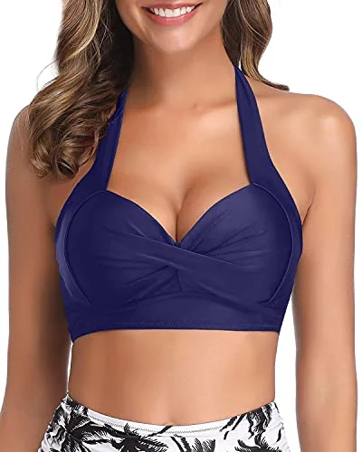 Convertible bikini that can be worn in multiple styles for versatilitySoft And Stretchy Halter Neck Retro Bikini Top For Women-Navy Blue