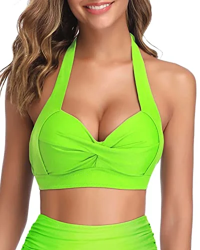 UV - protection bikini for safe sun exposure during beach daysComfortable Push Up Halter Retro Bikini Top For Women-Neon Green