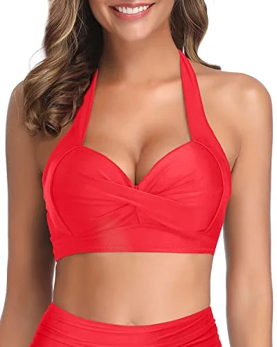 Metallic - finish bikini for a glamorous and eye - catching poolside lookVintage Push Up Halter Bikini Top-Neon Red