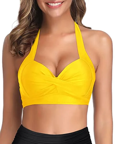 Long - line bikini top for added support and a fashionable lookAdjustable Tie Halter Neck Retro Bikini Top For Women-Neon Yellow