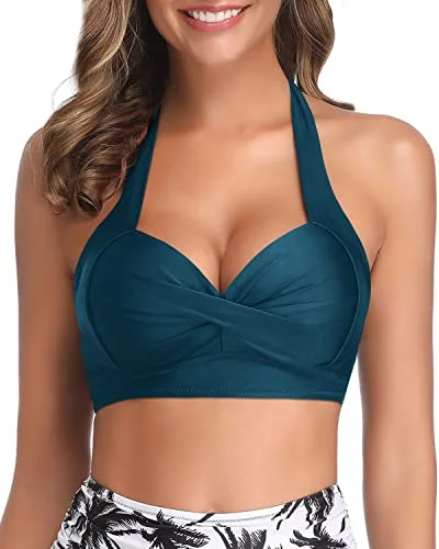 Metallic - finish bikini for a glamorous and eye - catching poolside lookHalter Design Non-Slip Push Up Bikini Top-Teal