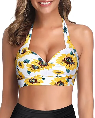 High - waisted bikini for a retro and tummy - flattering lookThick Band Halter Retro Bathing Suit Top-White And Sunflower